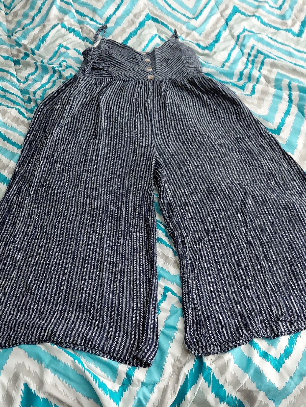 Striped Navy Blue Wide-Leg Jumpsuit